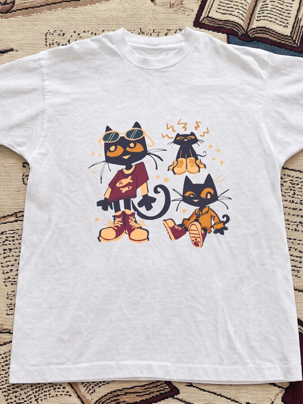 White Cat Graphic Tee With Orange Accents